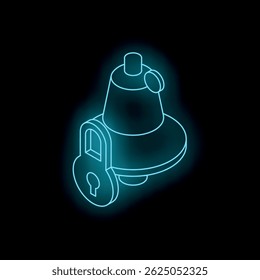 Glowing blue padlock securing notification bell, representing online security and protection against alerts, on a dark background