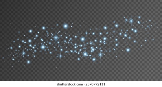 Glowing blue particles with shiny stars isolated on dark transparent background. Bright lights with blur. Abstract light effect. Glares and flares. Vector illustration. EPS 10