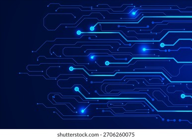 Textura de PCB azul brillante con líneas de circuitos modernos. Perfecto como telón de fondo digital de alta tecnología.