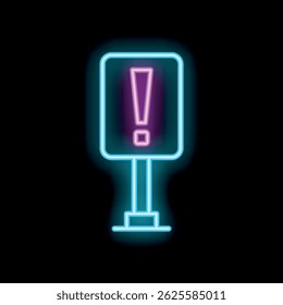 Glowing blue and pink neon sign showing an exclamation mark symbol, on a black background