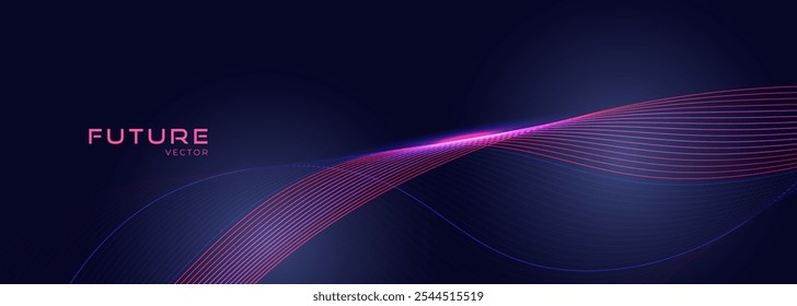 Glowing blue and pink wavy lines on abstract technology dark blue background. Digital hi-tech vector illustration with dynamic striped wave lines