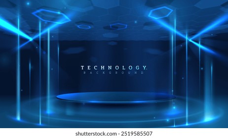 Um pódio azul brilhante em um ambiente futurista com padrões de luz hexagonais e vigas verticais, perfeito para apresentações de tecnologia. Ilustração vetorial.