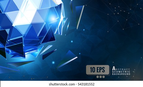 The glowing blue polygonal abstract triangular sphere combine on dark shatter graphic template background