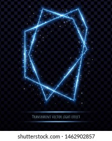 Glowing blue polygonal frame with light effects isolated on transparent background. Shining multangular border with glowing sparkles.