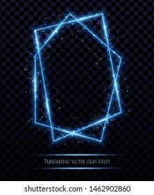 Glowing blue polygonal frame with light effects isolated on transparent background. Shining multangular border with glowing sparkles.