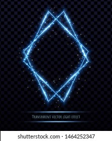 Glowing blue polygonal frame with light effects isolated on transparent background. Shining multangular border with glowing sparkles.
