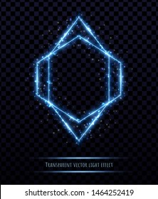 Glowing blue polygonal frame with light effects isolated on transparent background. Shining multangular border with glowing sparkles.