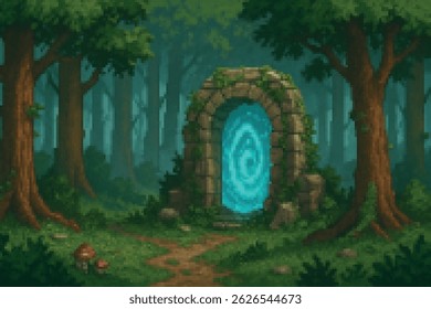 A glowing blue portal built into stone stands in the middle of a quiet forest path. Ideal for fantasy games, mysteries, and magical worlds.