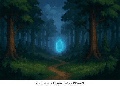 A glowing blue portal glimmers in the deep forest, casting an ethereal light along the winding forest path at night.