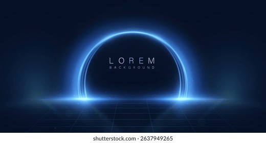 Glowing blue portal on a dark style digital grid background. Sci-fi, technology and virtual reality atmosphere.