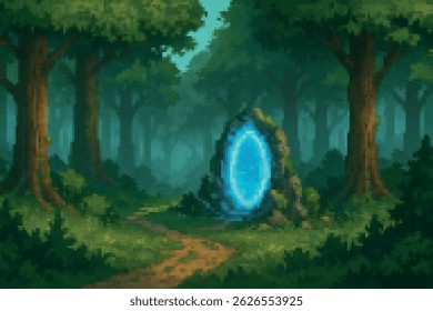 A glowing blue portal stands in the middle of a lush pixel forest. A fantasy element perfect for 16-bit magical adventures or game backgrounds.