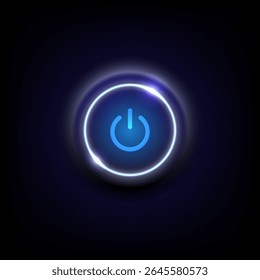 Botão de energia azul brilhante no fundo escuro representando energia, tecnologia de alta tecnologia ou controle de dispositivo, ilustração vetorial