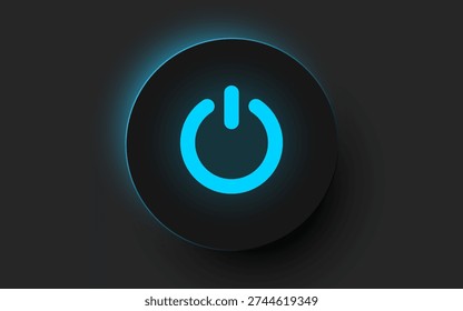 Glowing blue power button on a dark background. A modern onoff switch concept. Vector illustration