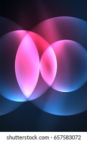 Glowing blue and purple colors shiny overlapping circles composition on dark background, magic style light effects abstract design template