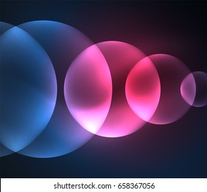 Glowing blue and purple colors shiny overlapping circles composition on dark background, magic style light effects abstract design template