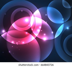 Glowing blue and purple colors shiny overlapping circles composition on dark background, magic style light effects abstract design template