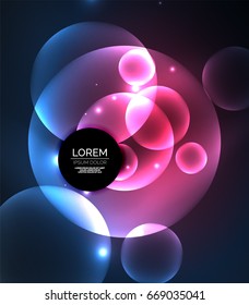 Glowing blue and purple colors shiny overlapping circles composition on dark background, magic style light effects abstract design template