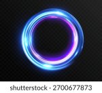 Glowing blue and purple light ring, luminous energy circle with bright neon shine, futuristic motion halo, sci-fi portal effect on dark transparent background.