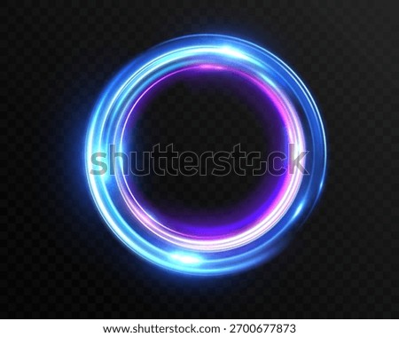 Glowing blue and purple light ring, luminous energy circle with bright neon shine, futuristic motion halo, sci-fi portal effect on dark transparent background.