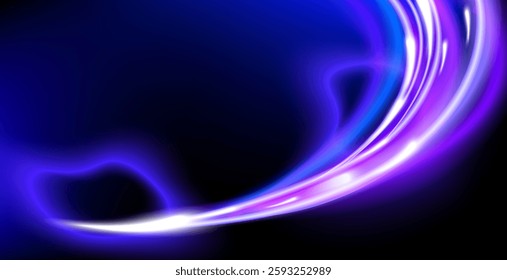 Glowing blue and purple light trails sweeping across a dark background,futuristic and dynamic motion effect. Ideal for technology background,, digital themes, modern designs banner.Vector illustration