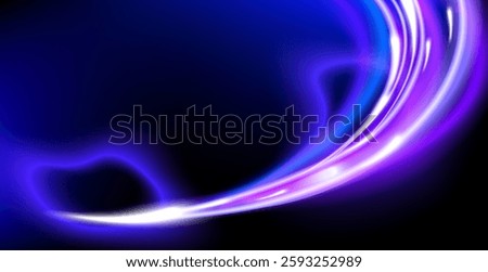 Glowing blue and purple light trails sweeping across a dark background,futuristic and dynamic motion effect. Ideal for technology background,, digital themes, modern designs banner.Vector illustration