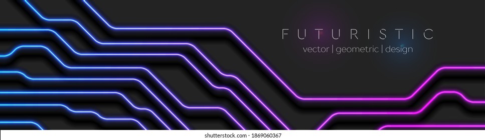 Glowing blue purple neon circuit board lines abstract banner design. Technology vector background