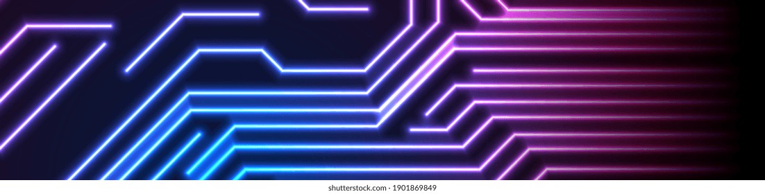 Glowing blue purple neon circuit board lines abstract banner design. Technology vector background