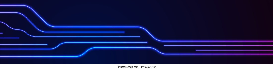 Glowing blue purple neon circuit board lines abstract banner design. Technology vector background