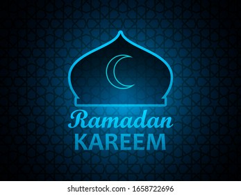 Glowing blue Ramadan Kareem background with dome and crescent moon