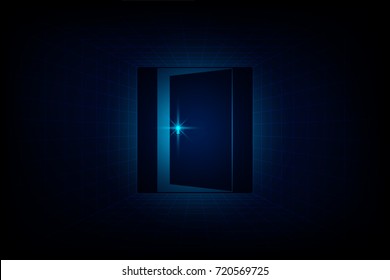 glowing blue or rays of light the open business door