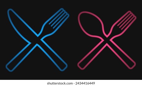 Glowing blue red kitchen tableware logo. Cross Fork and knife and cross Fork and spoon on black background.