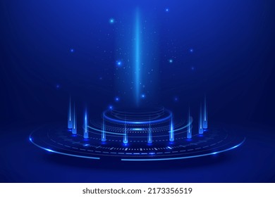 Glowing blue rings, futuristic elements, hologram, magic portal. Sci-fi digital hi-tech elements for presentation. Podium for teleportation or stage
