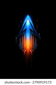 Glowing blue rocket arrow with orange thrust and vertical speed trails on black background. Vector launch symbol for startup, acceleration, gaming interface and technology design.