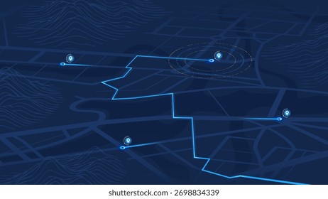 Glowing Blue Route Map with Location Markers. Vector illustration.
