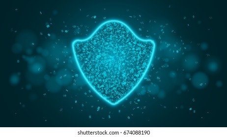 A glowing blue shield of programming symbols. System security. High-tech neon shield. Strong protection. Cyber crime. Vector illustration