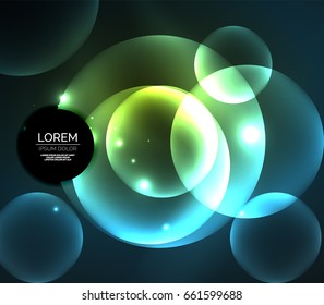 Composición de círculos brillantes y brillantes sobre fondo oscuro, efectos de luz de estilo mágico plantilla de diseño abstracto