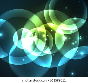 Composición de círculos brillantes y brillantes sobre fondo oscuro, efectos de luz de estilo mágico plantilla de diseño abstracto