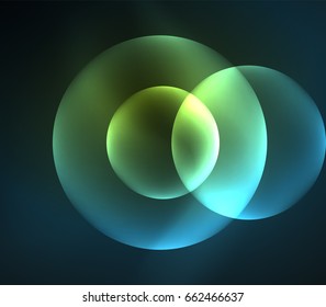 Composición de círculos brillantes y brillantes sobre fondo oscuro, efectos de luz de estilo mágico plantilla de diseño abstracto