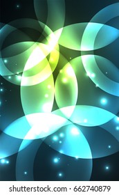 Composición de círculos brillantes y brillantes sobre fondo oscuro, efectos de luz de estilo mágico plantilla de diseño abstracto