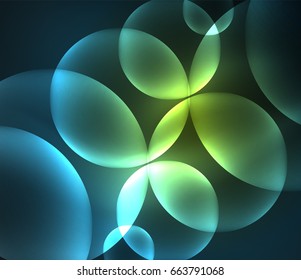Glowing blue shiny overlapping circles composition on dark background, magic style light effects abstract design template