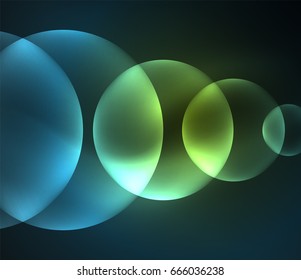 Glowing blue shiny overlapping circles composition on dark background, magic style light effects abstract design template
