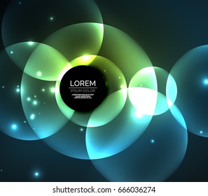 Composición de círculos brillantes y brillantes sobre fondo oscuro, efectos de luz de estilo mágico plantilla de diseño abstracto