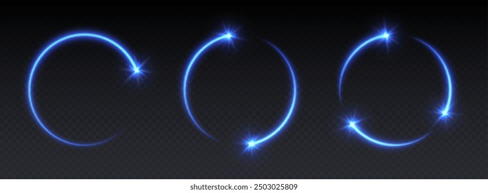 Glowing blue shooting star circles with sparkles, light frames, stars in circular motion, abstract shiny rings with particles. Vector illustration.