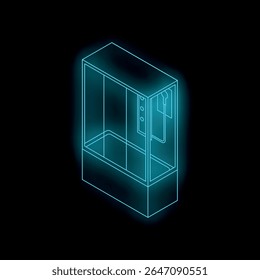 Cabine de chuveiro azul brilhante com porta deslizante e cabeça de chuveiro em um fundo escuro, simbolizando equipamentos de banheiro e design moderno