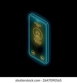 Glowing blue smartphone displaying incoming call screen with construction worker contact information, on black background