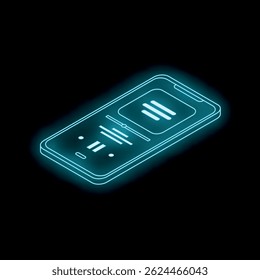 Smartphone azul brilhante exibindo elementos da interface do usuário em visão isométrica em um fundo escuro, perfeito para conceitos de tecnologia e comunicação