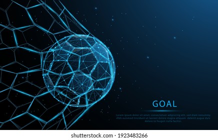 glowing blue Soccer ball in the goal. Low polygon, particle, and triangle style design.Wireframe light connection structure.Goal setting concept