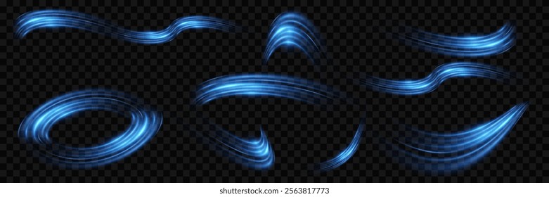 Glowing blue speed lines. Abstract motion lines on the road. Wave of light trace. Blue spiral glow effect. Magic shiny line. Vector. EPS 10.