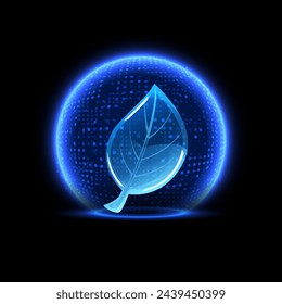 Glowing blue sphere shield with leaf inside vector illustration. Dome barrier technology. Luminous abstract ecology protection. Force field defense globe shell, grid screen guard