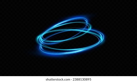 Glowing blue spiral. Circle abstract lines effect. Rotating shiny rings. Glowing circular lines. Glowing ring trail. Vector.	